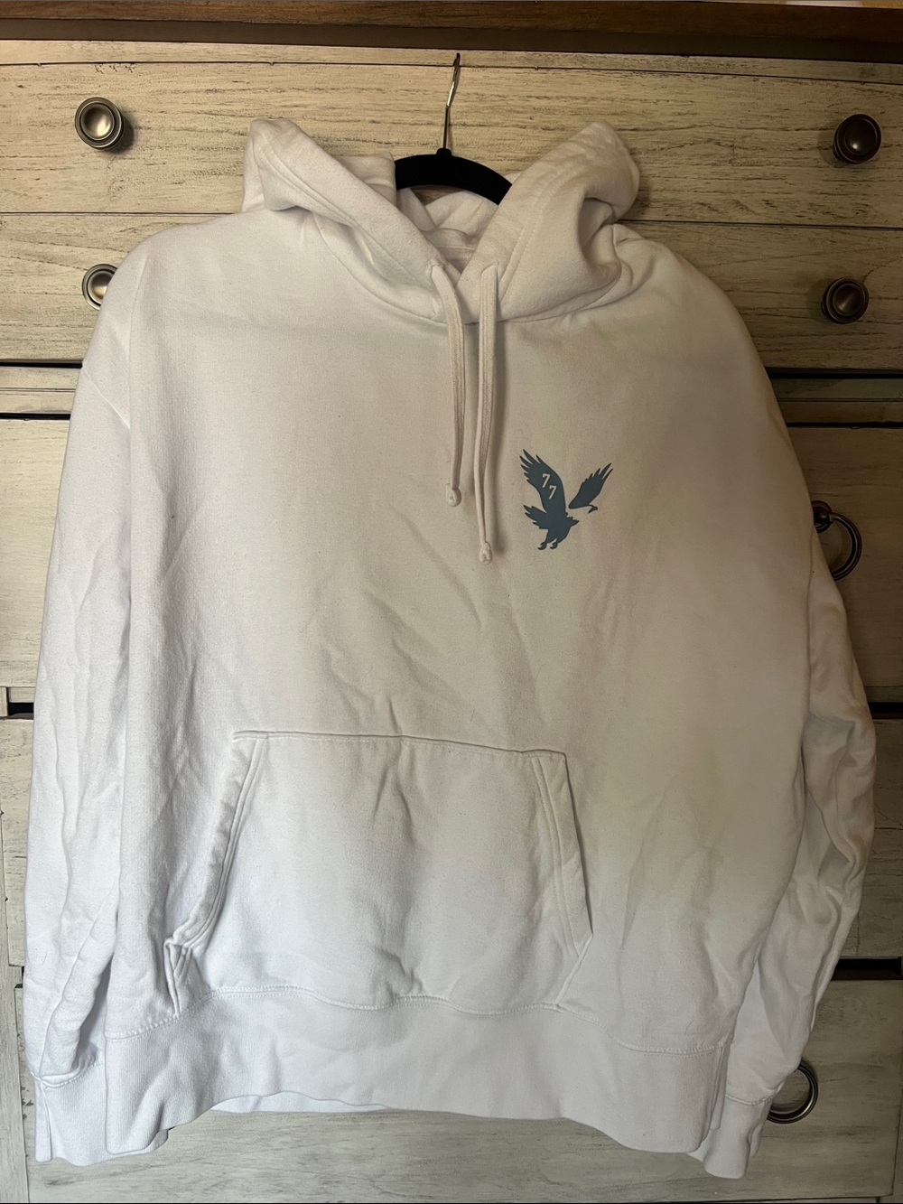 American Eagle Outfitters White Hoodie with Small Blue Eagle Logo